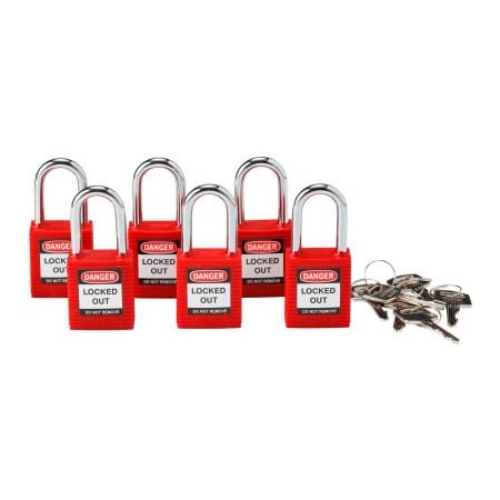 BradyÂ Lockout Padlock, Keyed Alike, 1-1/2, Plastic Covered Steel, Red, 6/Pack